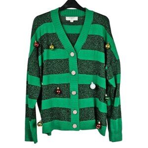 No Comment Christmas Cardigan Sz 1X Green Shimmer Stripes Hanging Ornaments